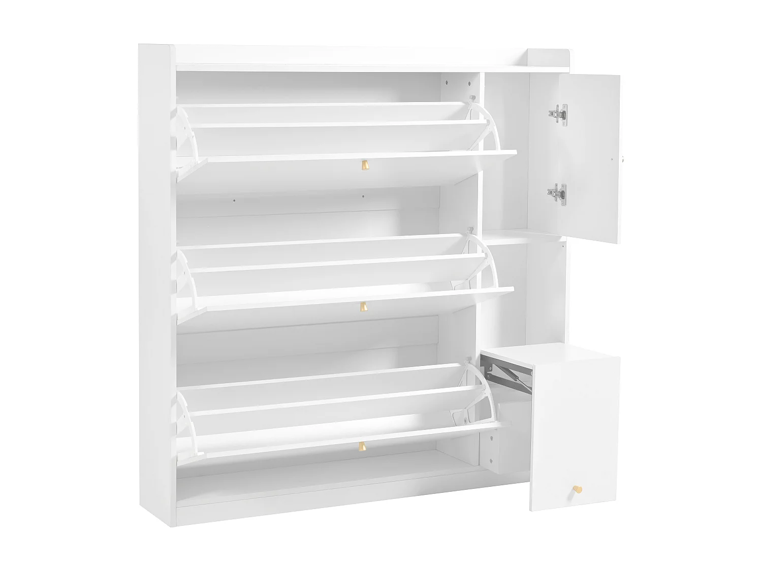 Meuble à chaussures multifonction 119x24x122cm - avec 3 tiroirs rabattables - avec banc rabattable - avec une porte - blanc