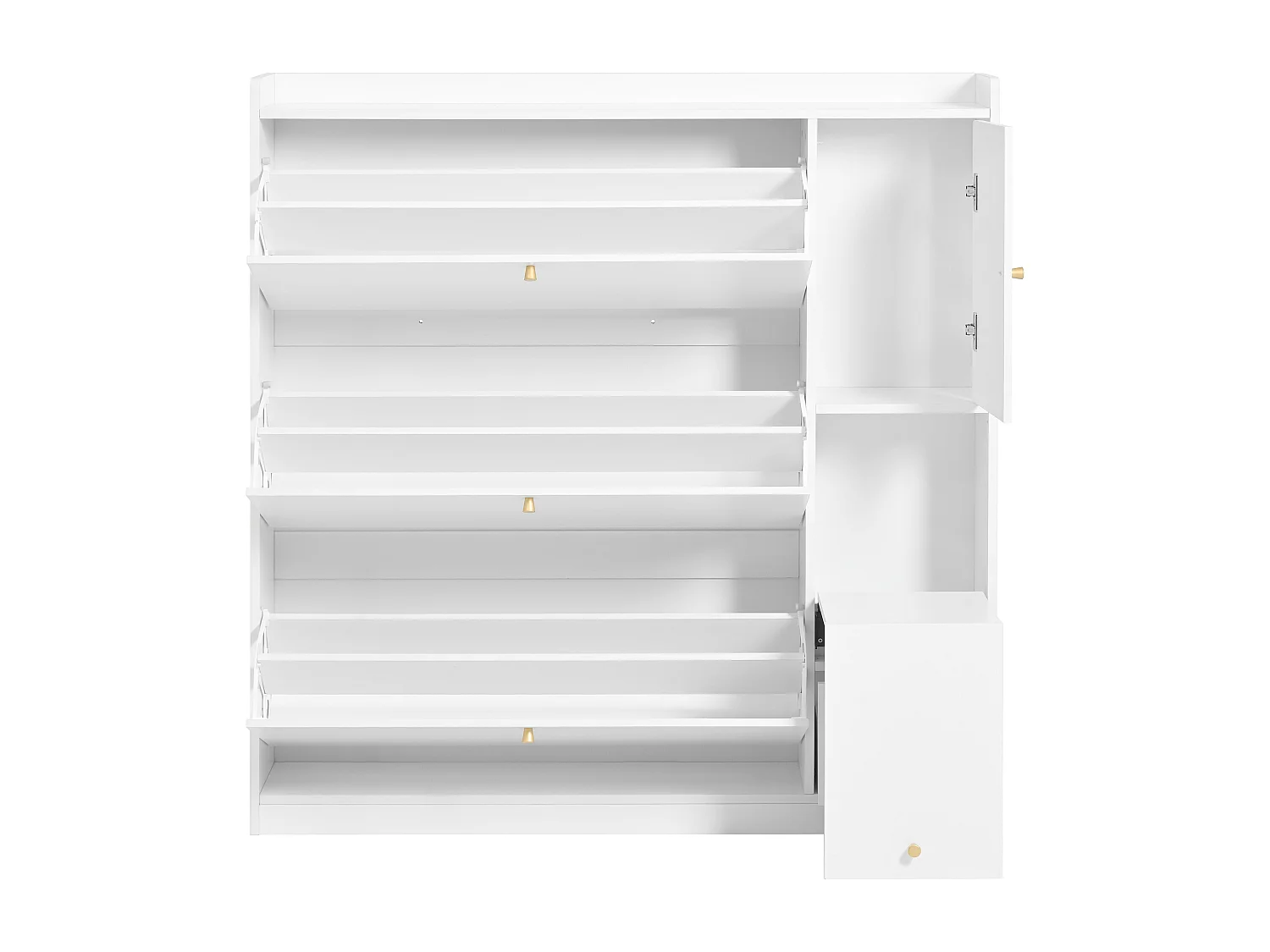 Meuble à chaussures multifonction 119x24x122cm - avec 3 tiroirs rabattables - avec banc rabattable - avec une porte - blanc