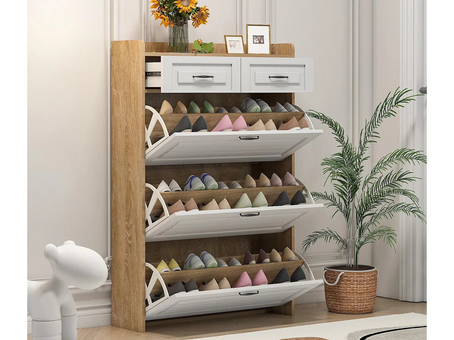 Szafka na buty 80x23,5x125cm - z trzema dużymi klapami - z 2 szufladami - biała + naturalna