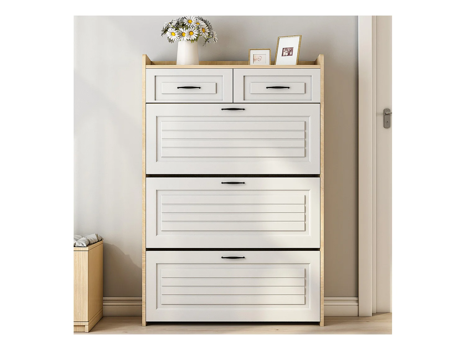 Szafka na buty 80x23,5x125cm - z trzema dużymi klapami - z 2 szufladami - biała + naturalna