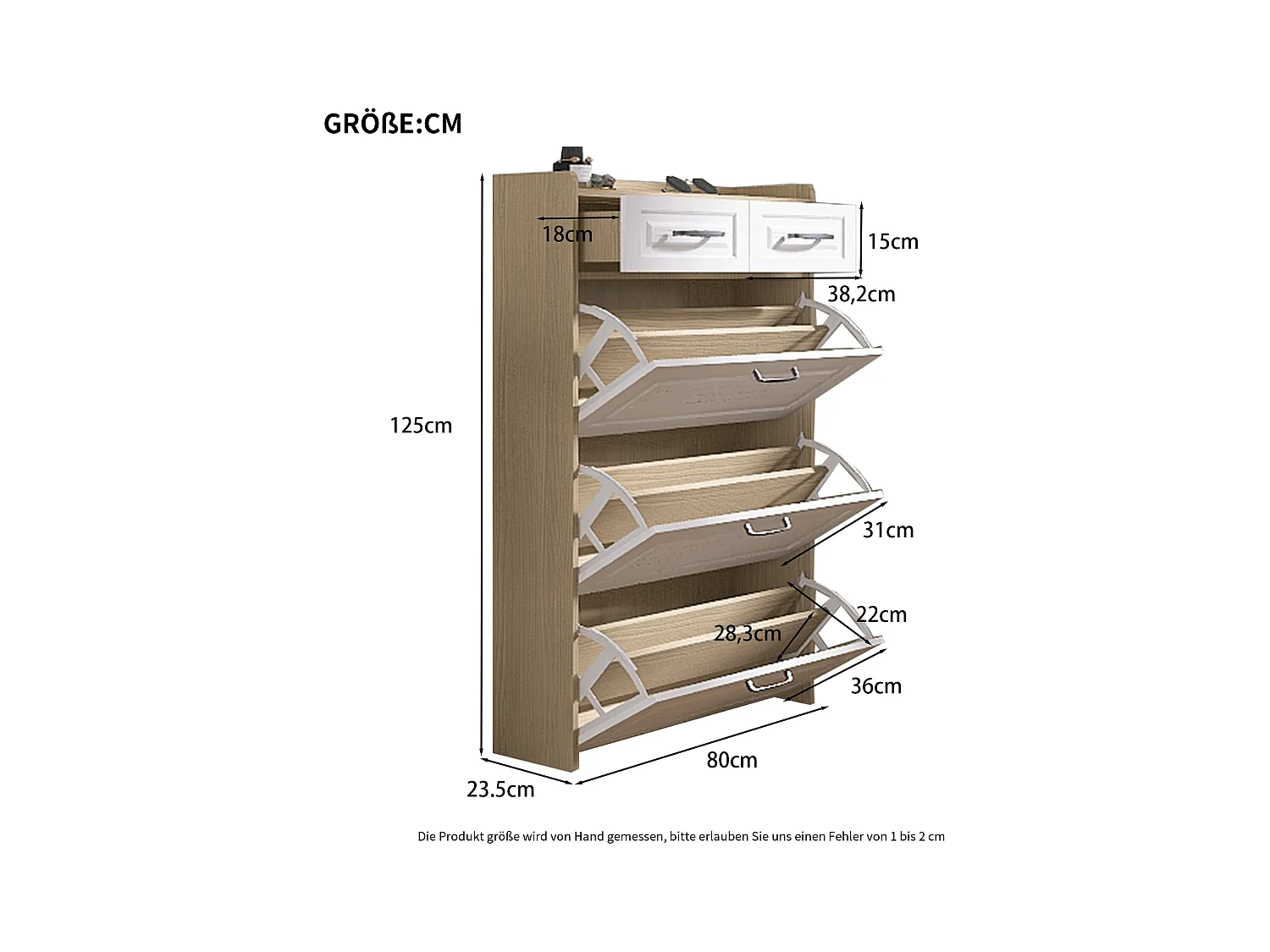 Szafka na buty 80x23,5x125cm - z trzema dużymi klapami - z 2 szufladami - biała + naturalna