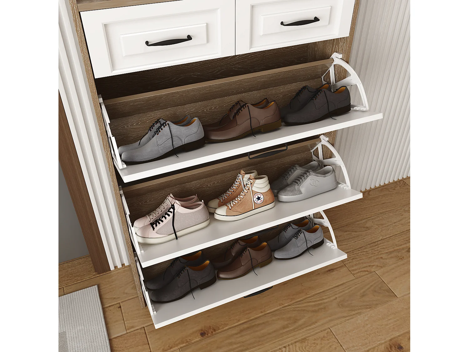 Szafka na buty 80x23,5x125cm - z trzema dużymi klapami - z 2 szufladami - biała + naturalna