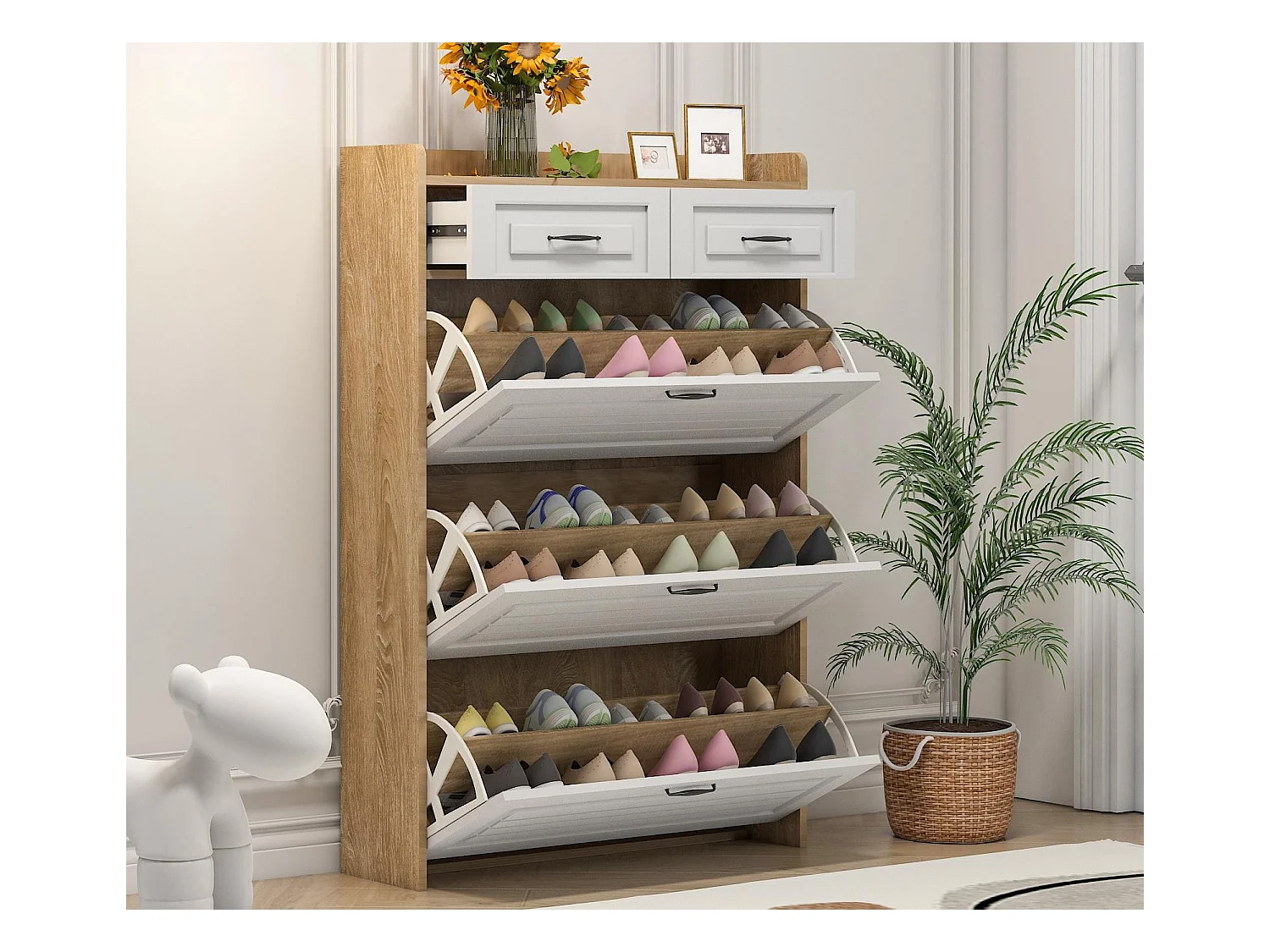 Mueble para zapatos 80x23.5x125 cm - con tres grandes frontales abatibles - con 2 cajones - blanco + natural