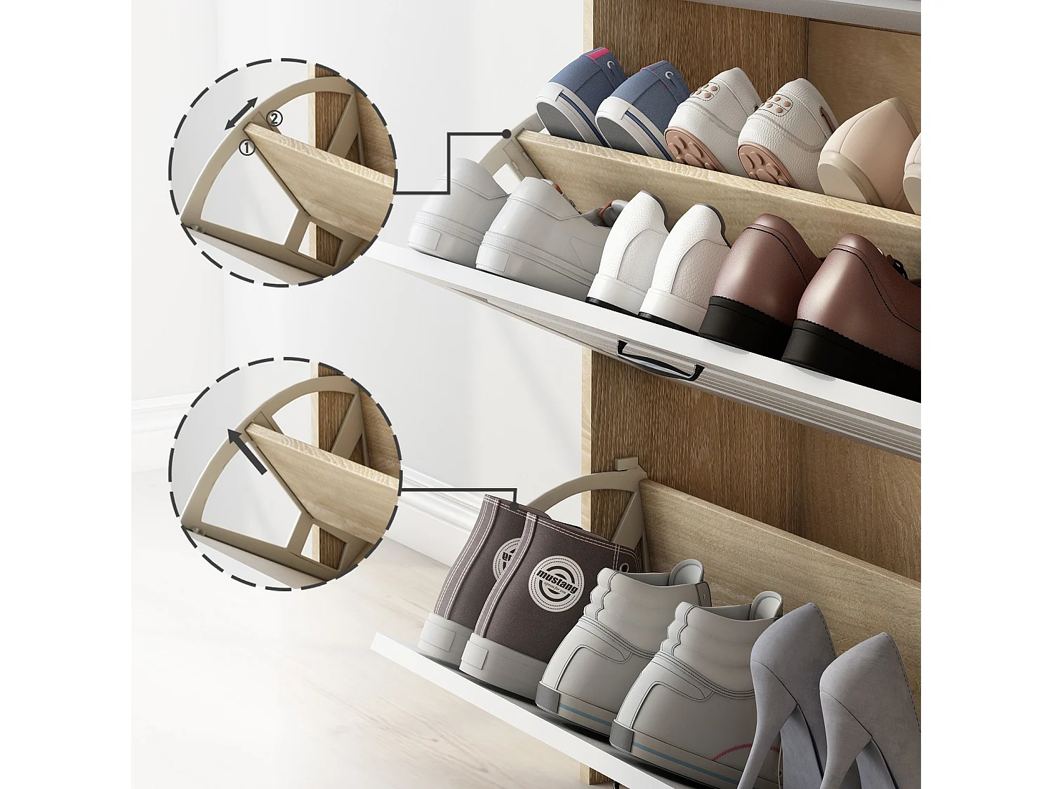 Meuble à chaussures 80x23.5x125cm - avec trois grands abattants - avec 2 tiroirs - blanc + naturel