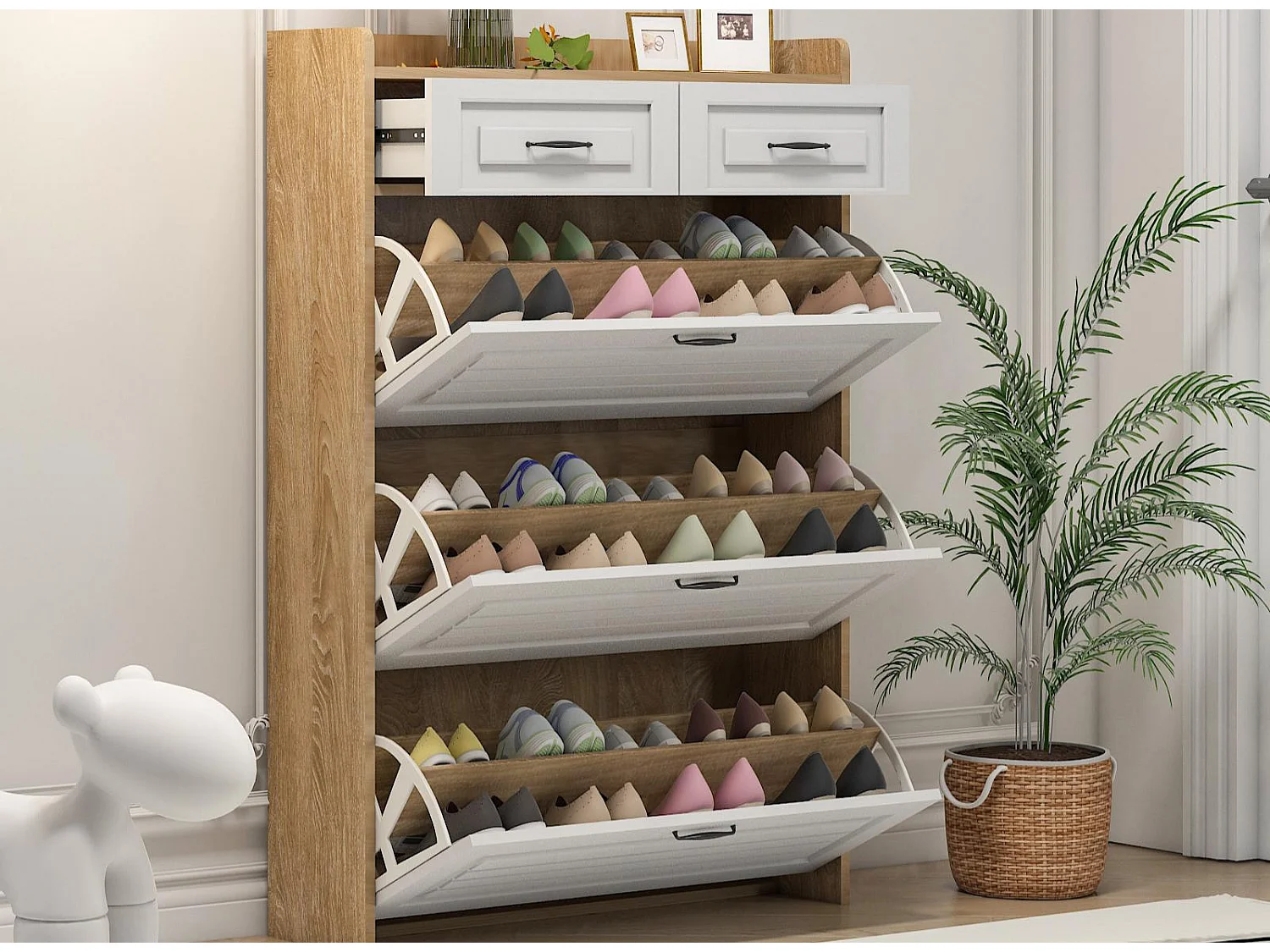 Meuble à chaussures 80x23.5x125cm - avec trois grands abattants - avec 2 tiroirs - blanc + naturel