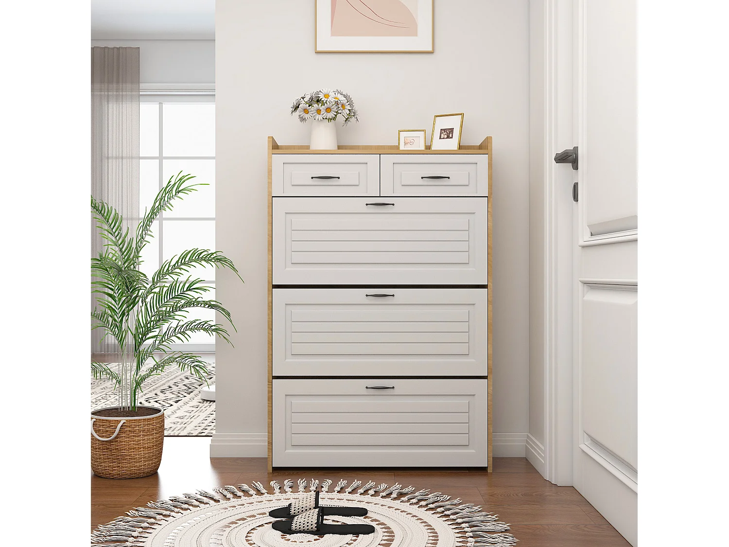 Meuble à chaussures 80x23.5x125cm - avec trois grands abattants - avec 2 tiroirs - blanc + naturel