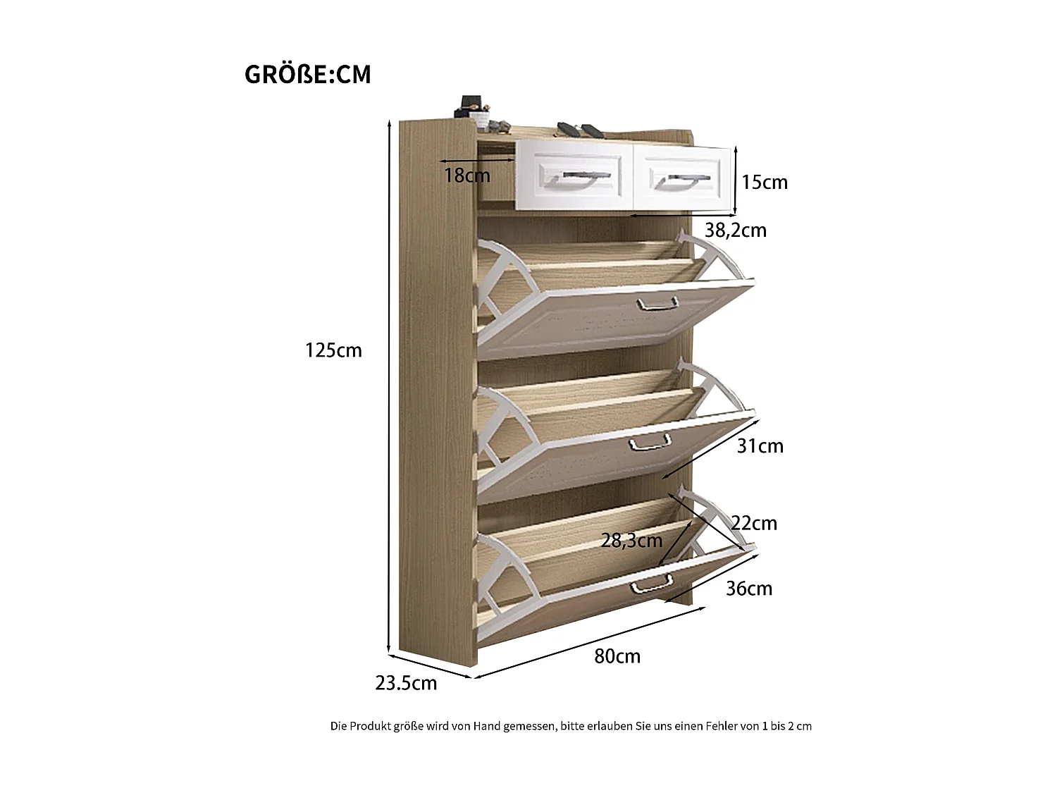 Schuhschrank 80x23.5x125 cm - mit drei großen Klappen - mit 2 Schubladen - weiß + natur