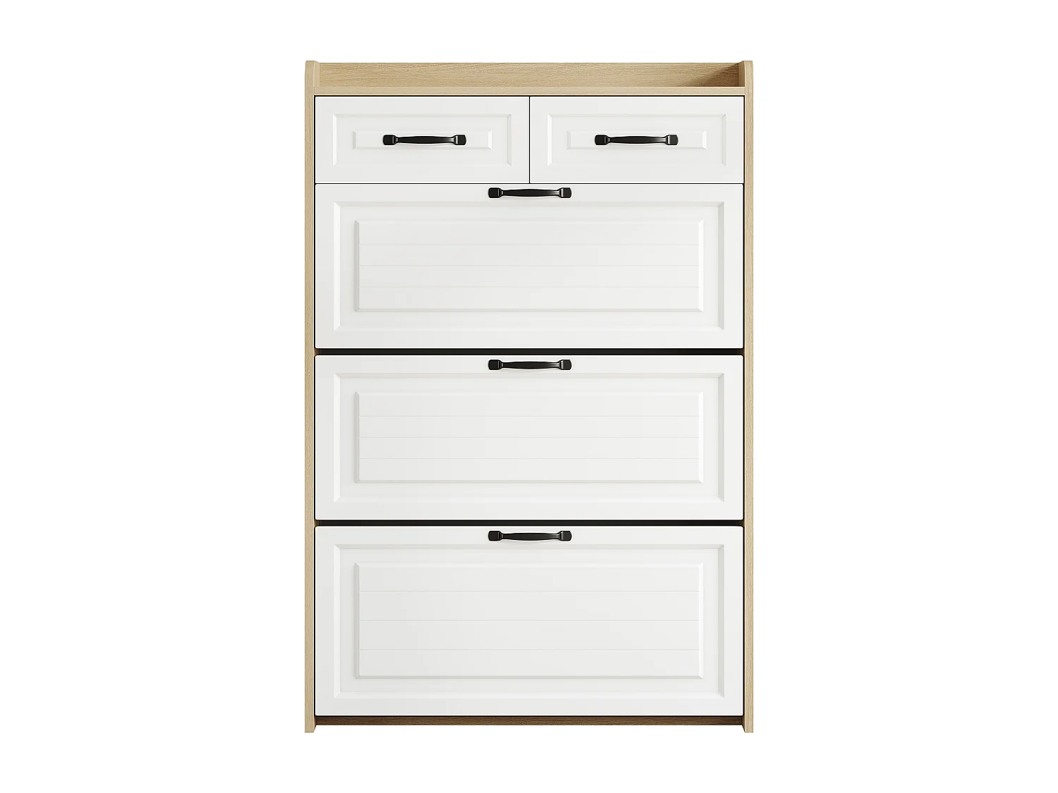 Schuhschrank 80x23.5x125 cm - mit drei großen Klappen - mit 2 Schubladen - weiß + natur