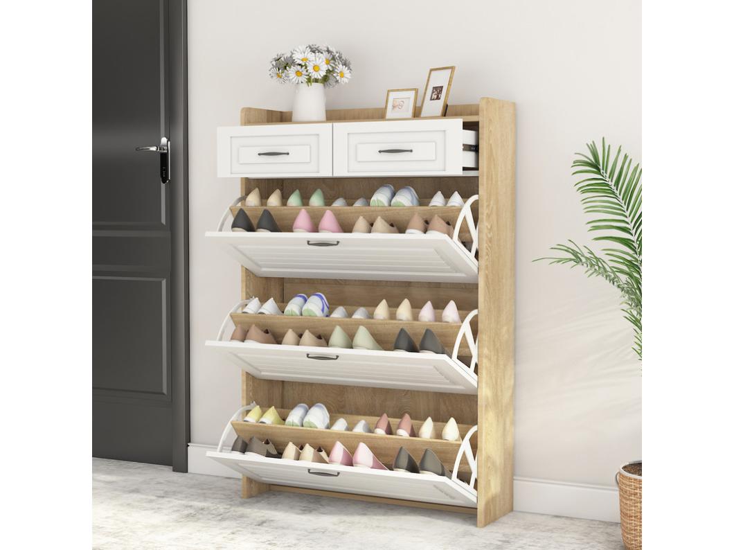 Schoenenkast 80x23.5x125 cm - met drie grote neerklapbare panelen - met 2 lades - wit + naturel
