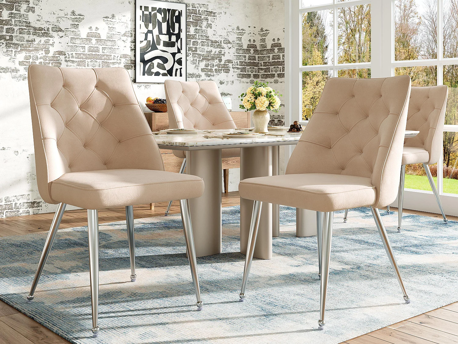 Set van 4 stoelen - Hoogwaardig fluweel - Metalen poten - Beige