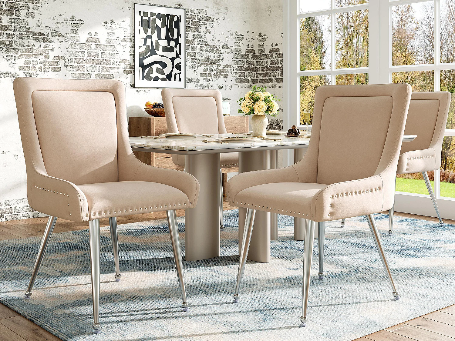 Conjunto de 4 cadeiras - Veludo de alta qualidade - Estilo moderno - Bege