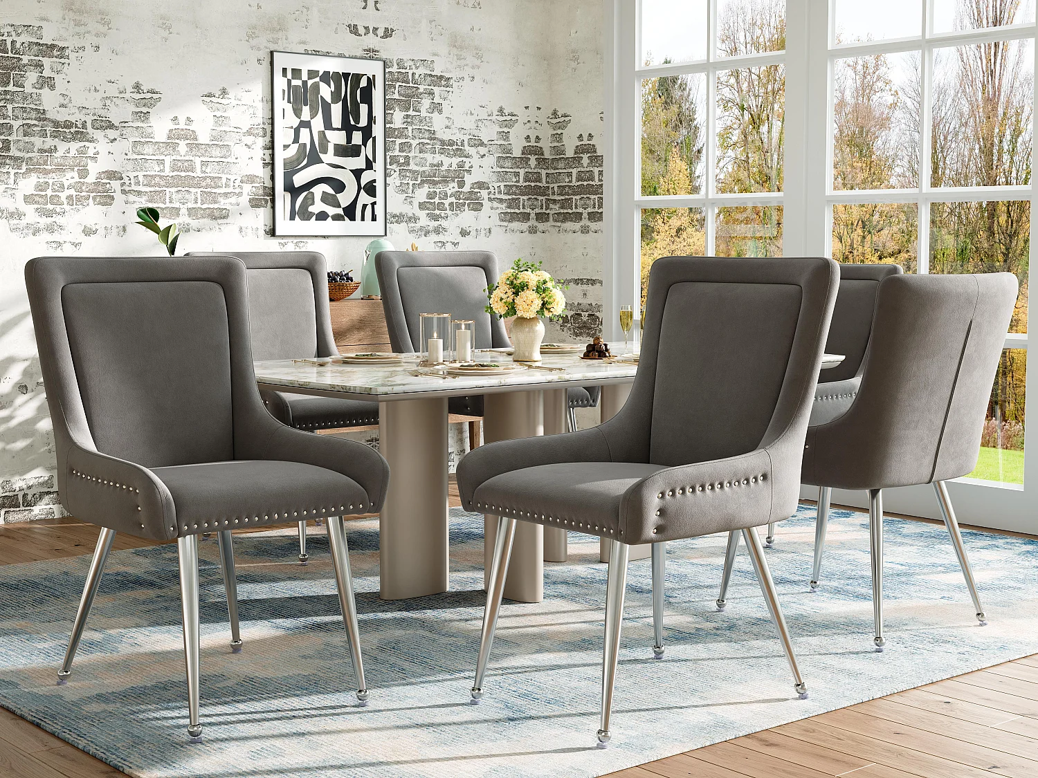 Conjunto de 6 cadeiras - Veludo de alta qualidade - Estilo moderno - Cinza