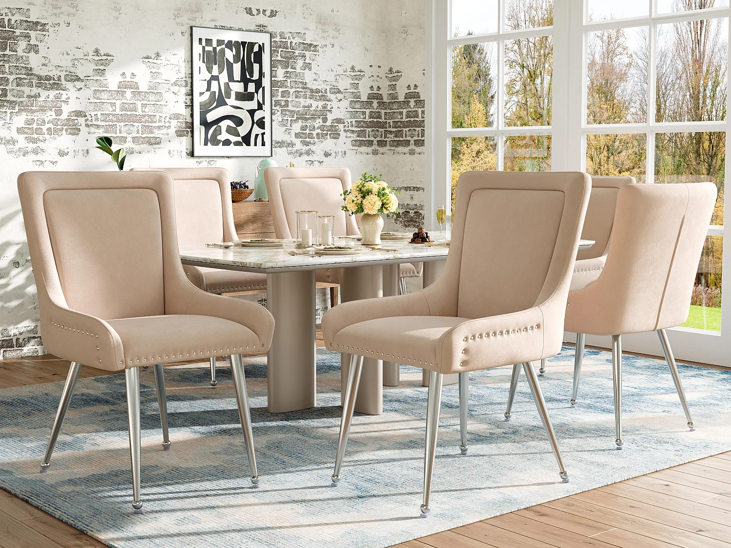 Conjunto de 6 cadeiras - Veludo de alta qualidade - Estilo moderno - Bege