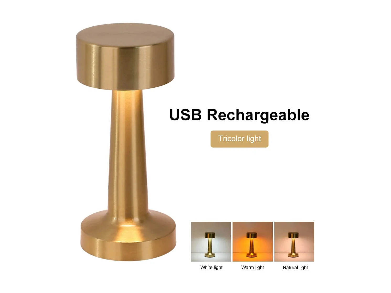 Lampe de Table Rétro en Métal Doré – Veilleuse LED rechargeable tactile, 3 intensités lumineuses, idéale pour décoration d'intérieur