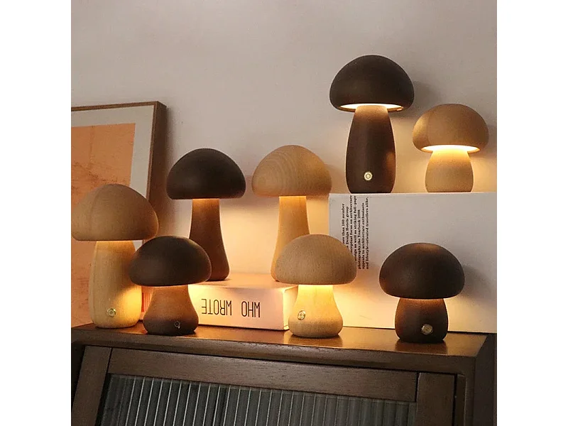 Veilleuse Champignon LED Tactile en Bois - 3 niveaux de luminosité, USB rechargeable - Décoration Moderne Chambre/Salon (Modèle G)