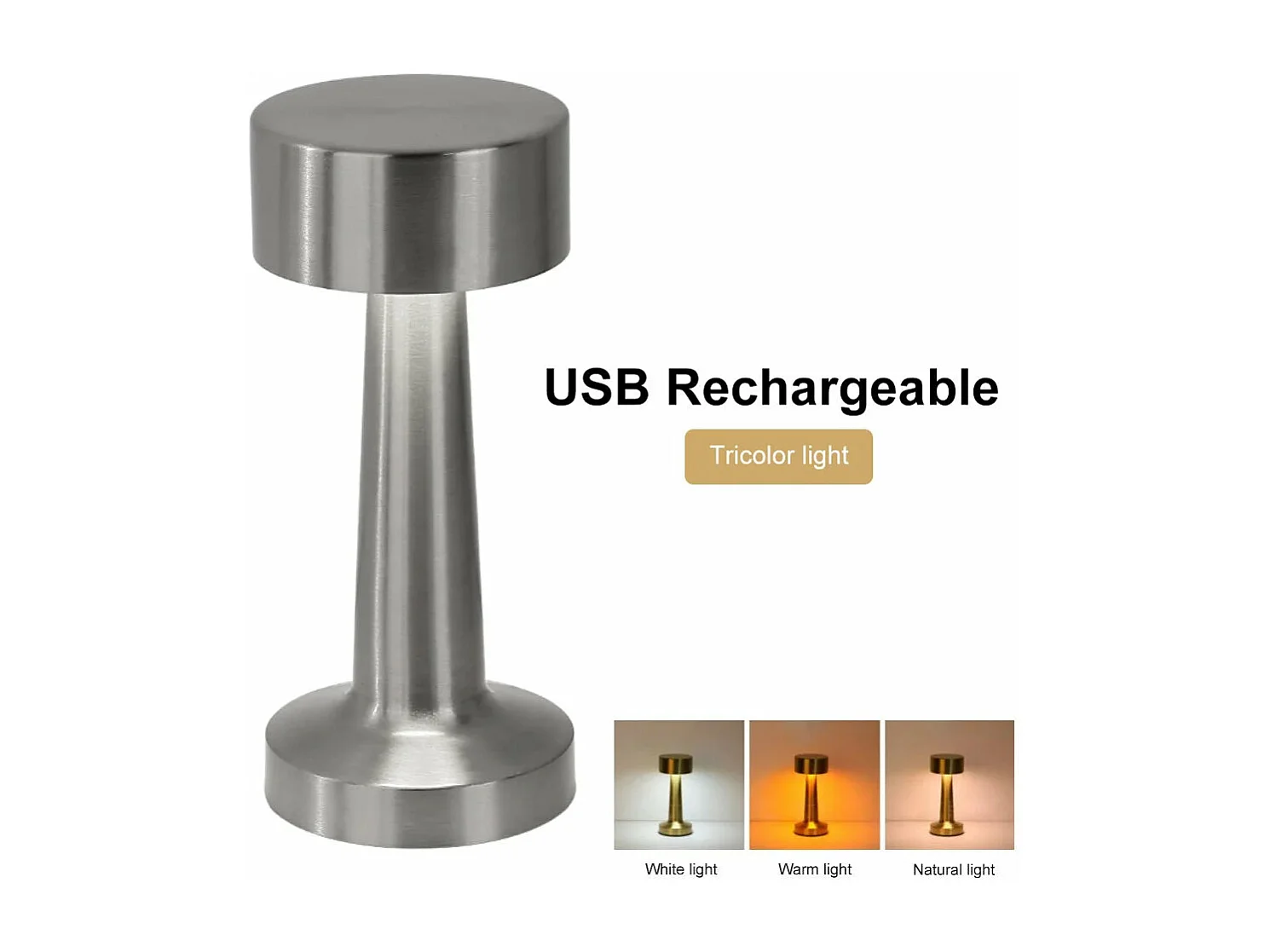Lampe de table métal rétro - Veilleuse LED rechargeable à commande tactile, 3 teintes. Décoration intérieure (chambre, bar, restaurant, bureau) - Argent