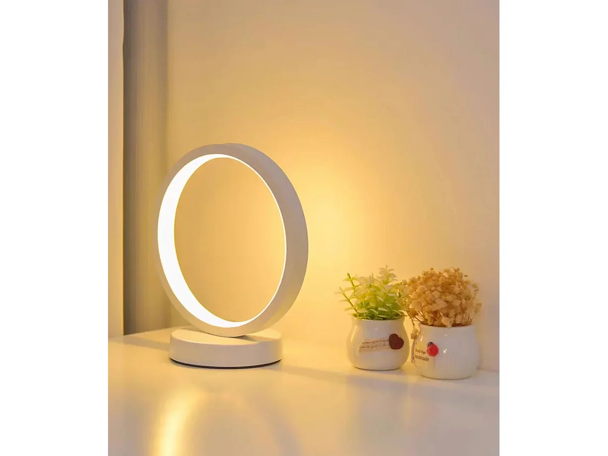 Lampe LED de table circulaire dimmable - Design minimaliste en anneau, éclairage d'ambiance pour chambre, salon (Blanc)