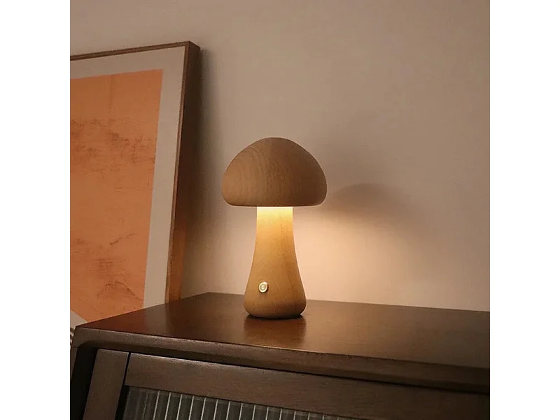 Lampe LED Champignon Veilleuse Tactile Bois - 3 Luminosités Réglables, USB Rechargeable, Déco Moderne Chambre/Salon