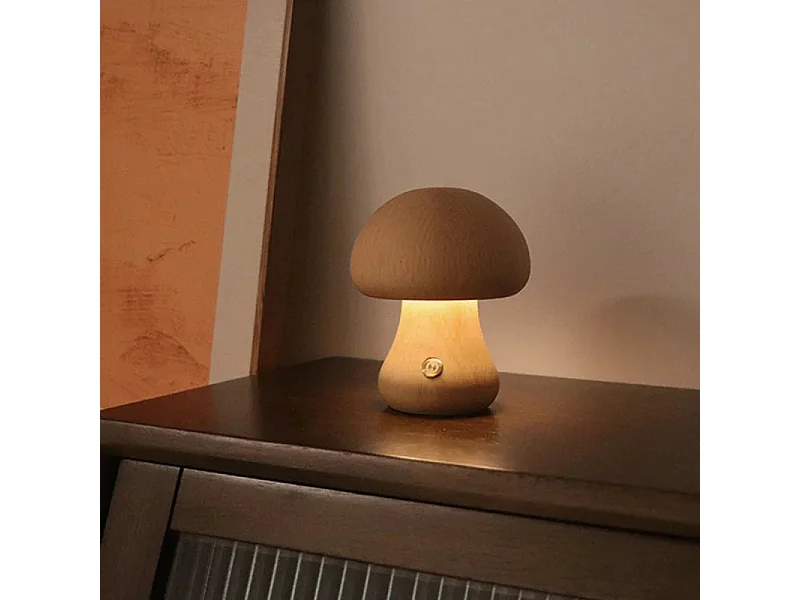 Lampe LED Champignon Veilleuse Tactile Bois - 3 Luminosités Réglables, USB Rechargeable, Déco Moderne Chambre/Salon