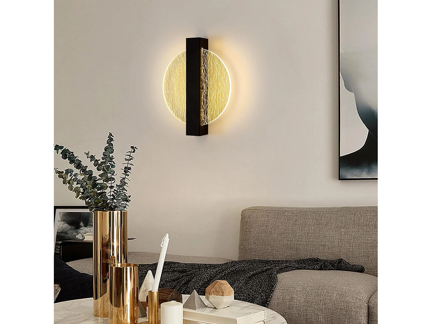 Applique Murale Intérieure LED, 12W 1500LM Noir Ronde Lampe Murale Moderne, Créative Éclairage Mural pour Salon, Chambre à Coucher, Couloir, Escaliers