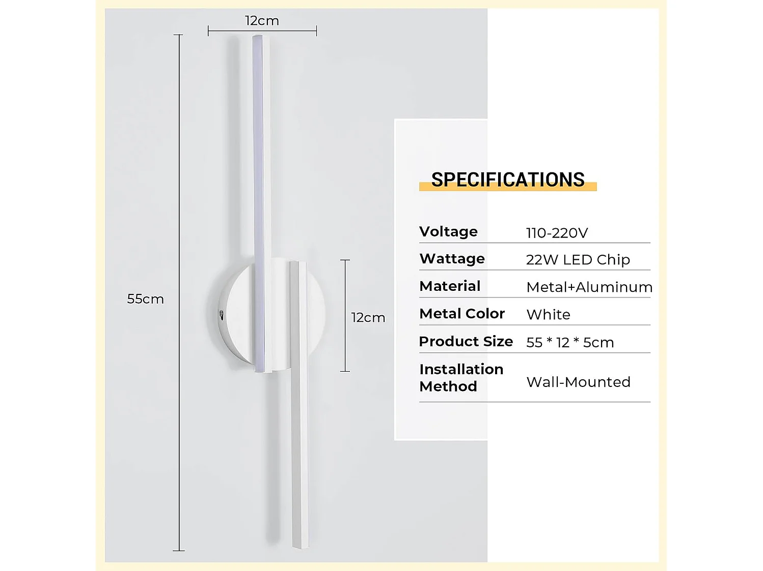 Applique Murale LED Intérieure, 22W 2475LM, Lumière Chaude 3000K, Design Moderne, Parfaite pour Chambre, Salon, Couloir, Escalier, Bureau et Garage (55cm Blanc)