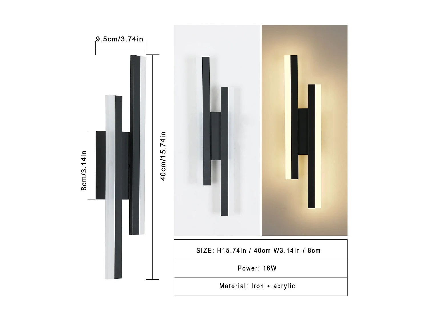 Lampe Murale LED Intérieure, 16W Moderne 3000K Lumière Chaude, Acrylique Noir pour Chambre, Salon, Couloir, Escalier