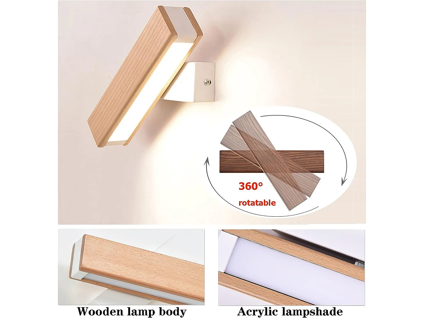Applique Murale Intérieur LED, Rotation 360°avec Simple en Bois Massif Éclairage Lampe Murale Moderne pour Chambre Bureau Couloir Salon, Blanc Chaud (21CM)