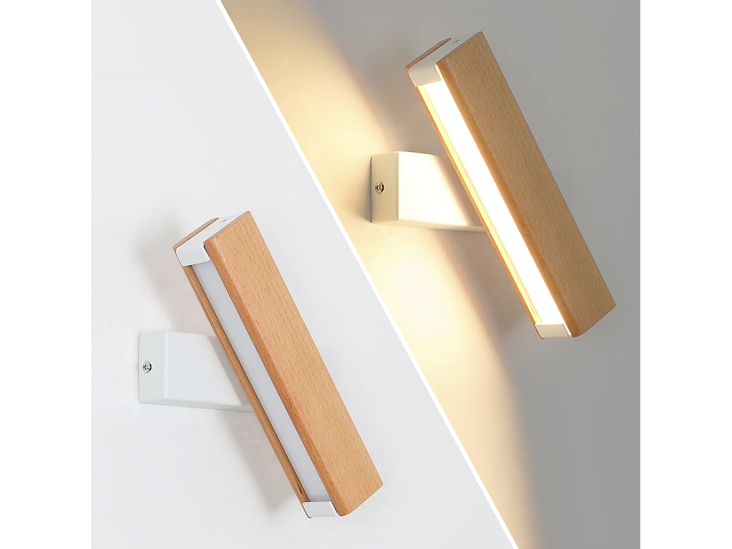 Applique Murale Intérieur LED, Rotation 360°avec Simple en Bois Massif Éclairage Lampe Murale Moderne pour Chambre Bureau Couloir Salon, Blanc Chaud (21CM)
