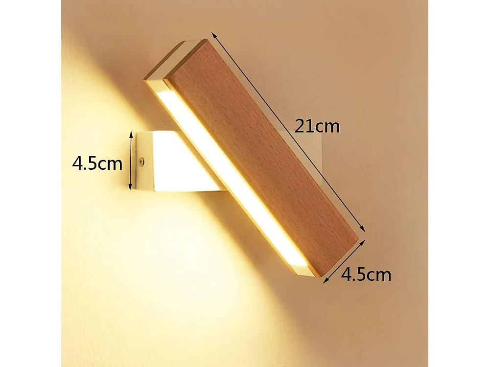 Applique Murale Intérieur LED, Rotation 360°avec Simple en Bois Massif Éclairage Lampe Murale Moderne pour Chambre Bureau Couloir Salon, Blanc Chaud (21CM)