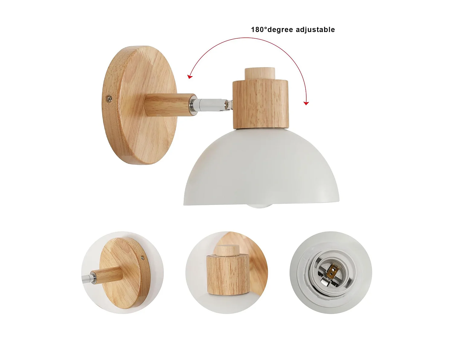 Applique Murale Intérieure Bois E27 Abat-Jour Blanc Tête Rotative 180° Élégante pour Chambre Bureau Couloir (Sans Ampoule)