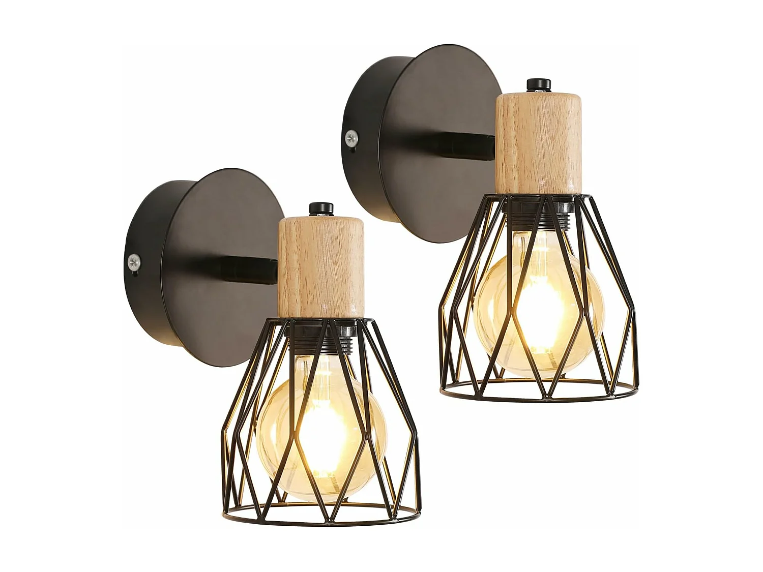 Applique Murale Industrielle Interieur, 2 Pack Lampe Murale Noir E27, Cage Réglable Applique en Métal bois pour Bedroom Salle à manger Couloir (Ampou