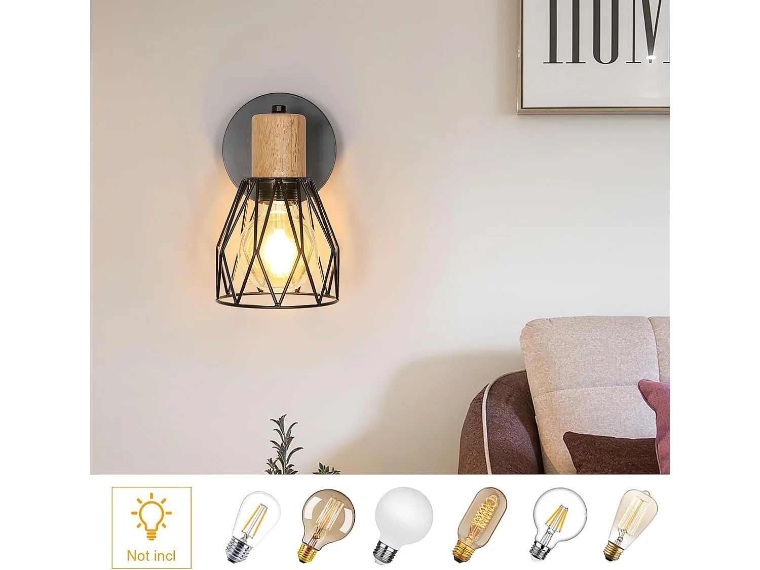 Applique Murale Industrielle Interieur, 2 Pack Lampe Murale Noir E27, Cage Réglable Applique en Métal bois pour Bedroom Salle à manger Couloir (Ampou