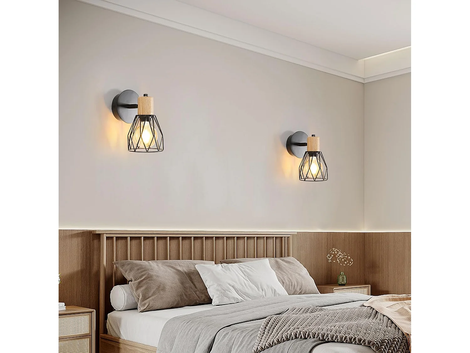 Applique Murale Industrielle Interieur, 2 Pack Lampe Murale Noir E27, Cage Réglable Applique en Métal bois pour Bedroom Salle à manger Couloir (Ampou