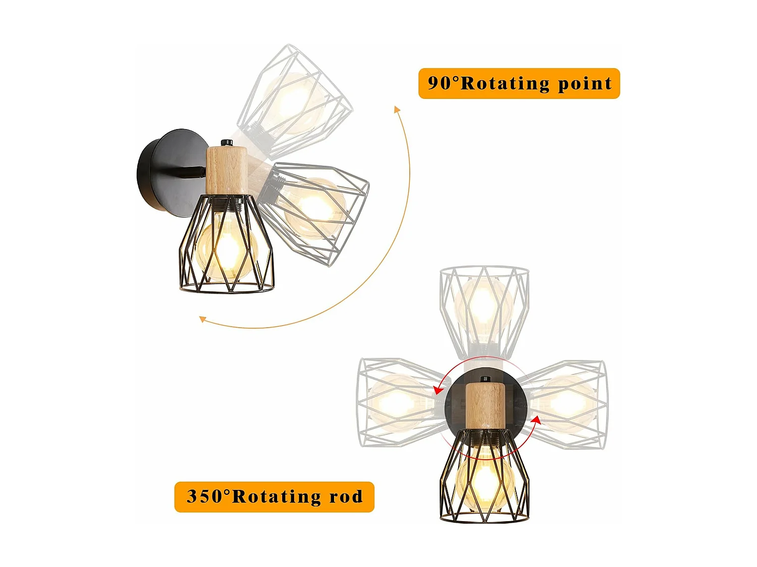 Applique Murale Industrielle Interieur, 2 Pack Lampe Murale Noir E27, Cage Réglable Applique en Métal bois pour Bedroom Salle à manger Couloir (Ampou