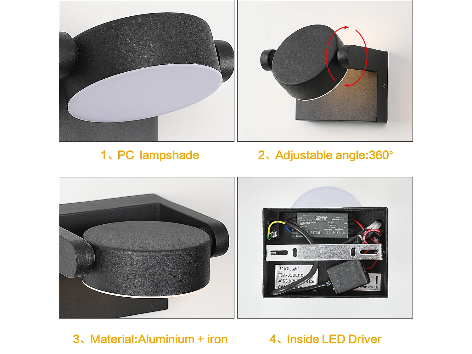 Applique Murale LED Extérieur 20W, 2000LM, IP54, Panneau Rotatif, Noir 3000K, pour Jardin, Balcon, Terrasse, Couloir