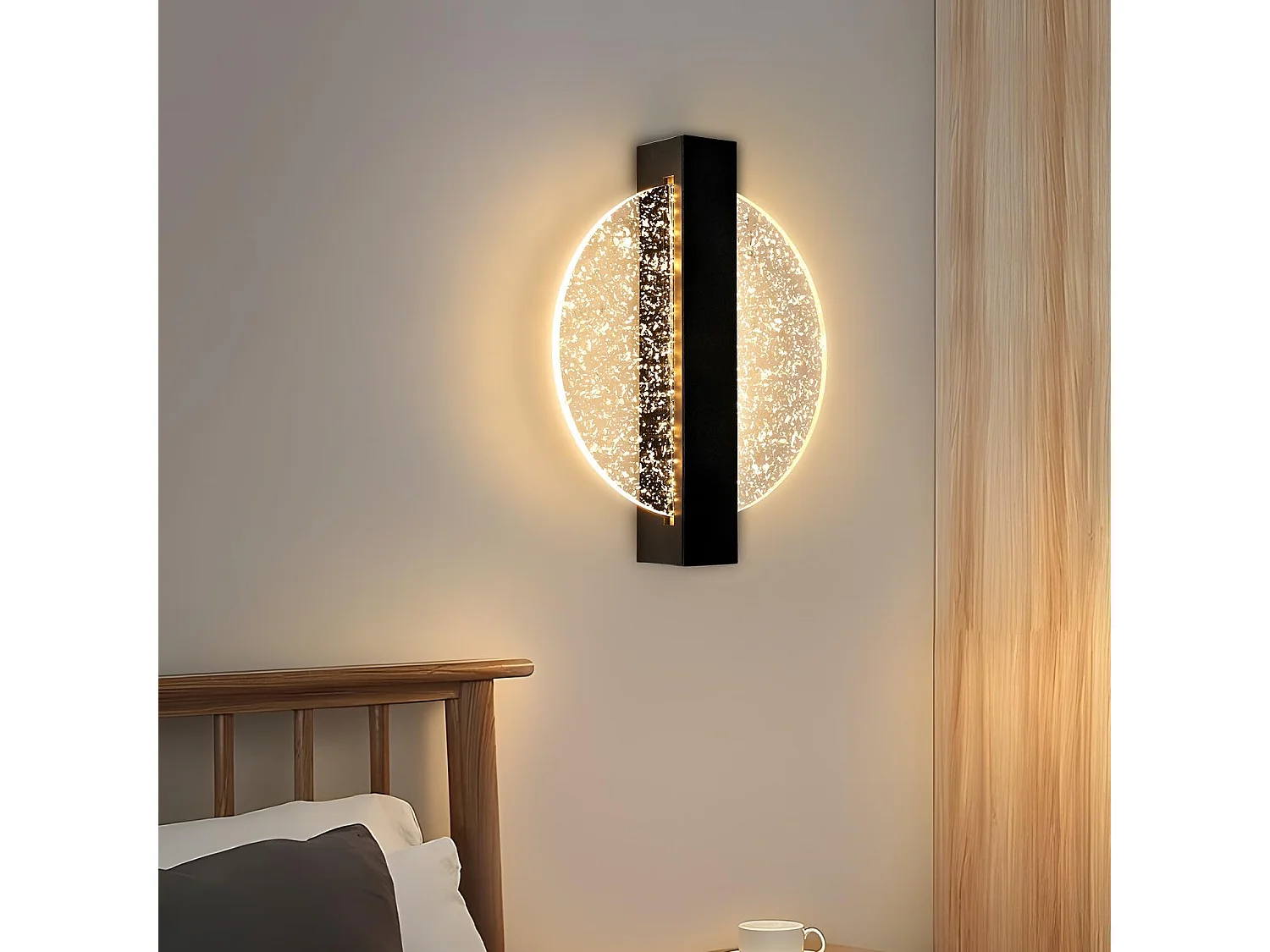 Applique Murale LED Moderne avec Feuille d'Argent, Rond Noir,en Acrylique, Lumière Chaude 3500K, pour Chambre Salon