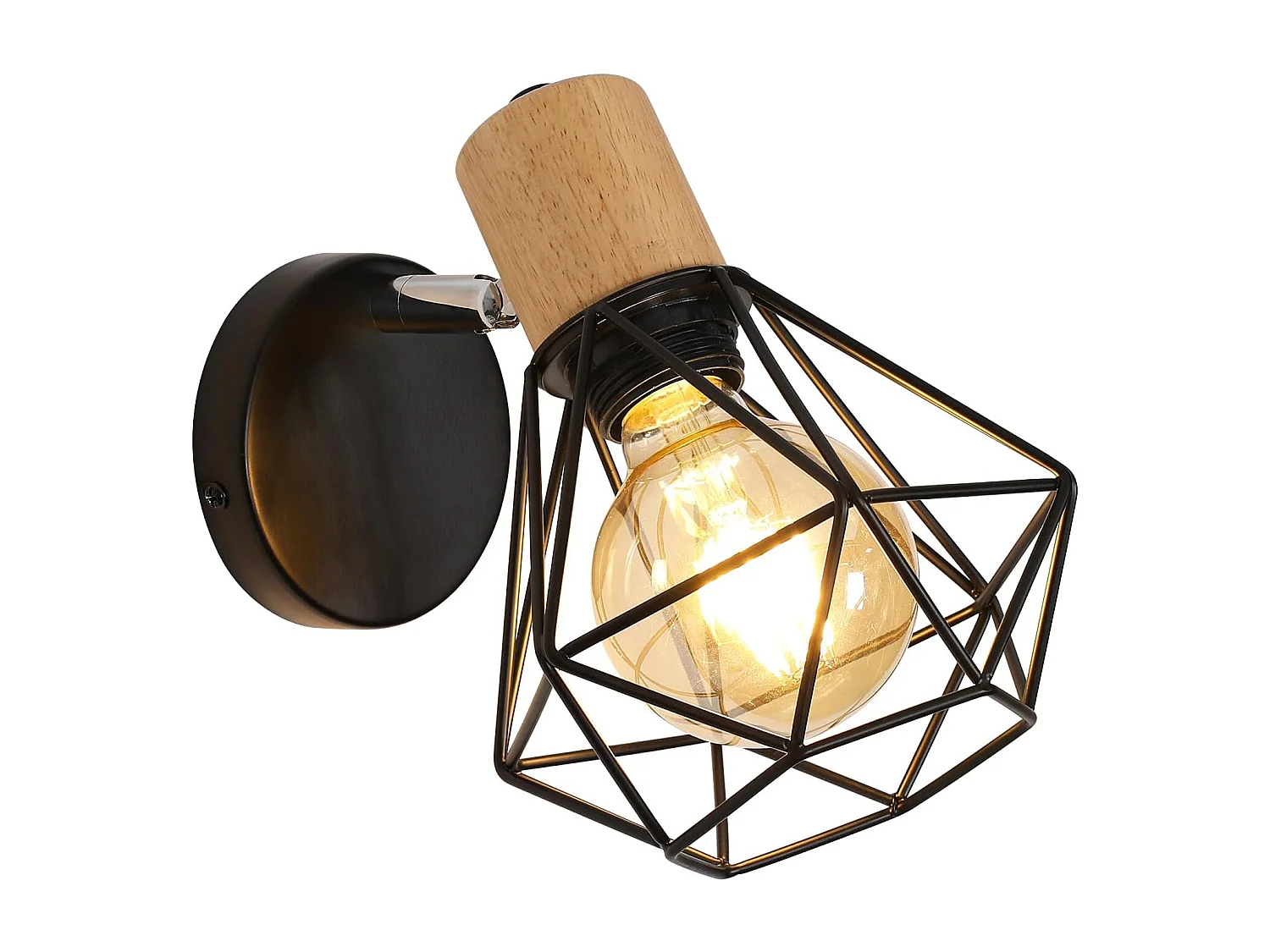 Applique Murale Industrielle Vintage, Lampe Murale Réglable en Bois, Lampe Cage E27 en Métal et Fer pour Chambre à Coucher, Couloir Salle de Séjour [