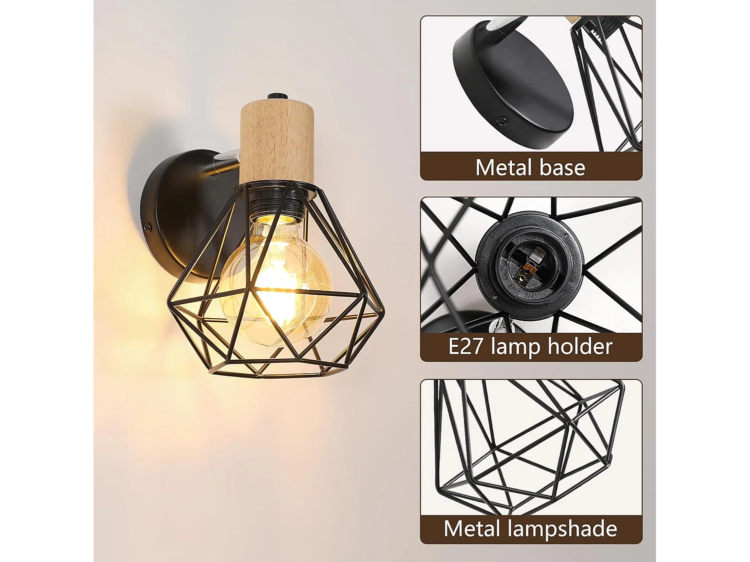 Applique Murale Industrielle Vintage, Lampe Murale Réglable en Bois, Lampe Cage E27 en Métal et Fer pour Chambre à Coucher, Couloir Salle de Séjour [