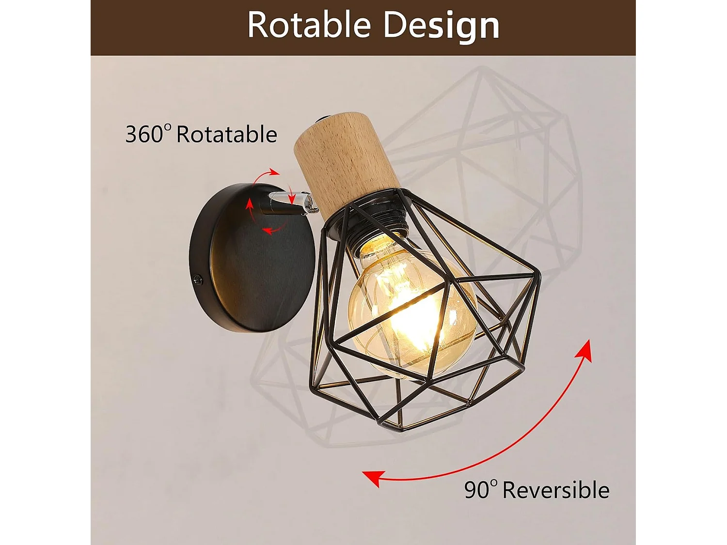 Applique Murale Industrielle Vintage, Lampe Murale Réglable en Bois, Lampe Cage E27 en Métal et Fer pour Chambre à Coucher, Couloir Salle de Séjour [