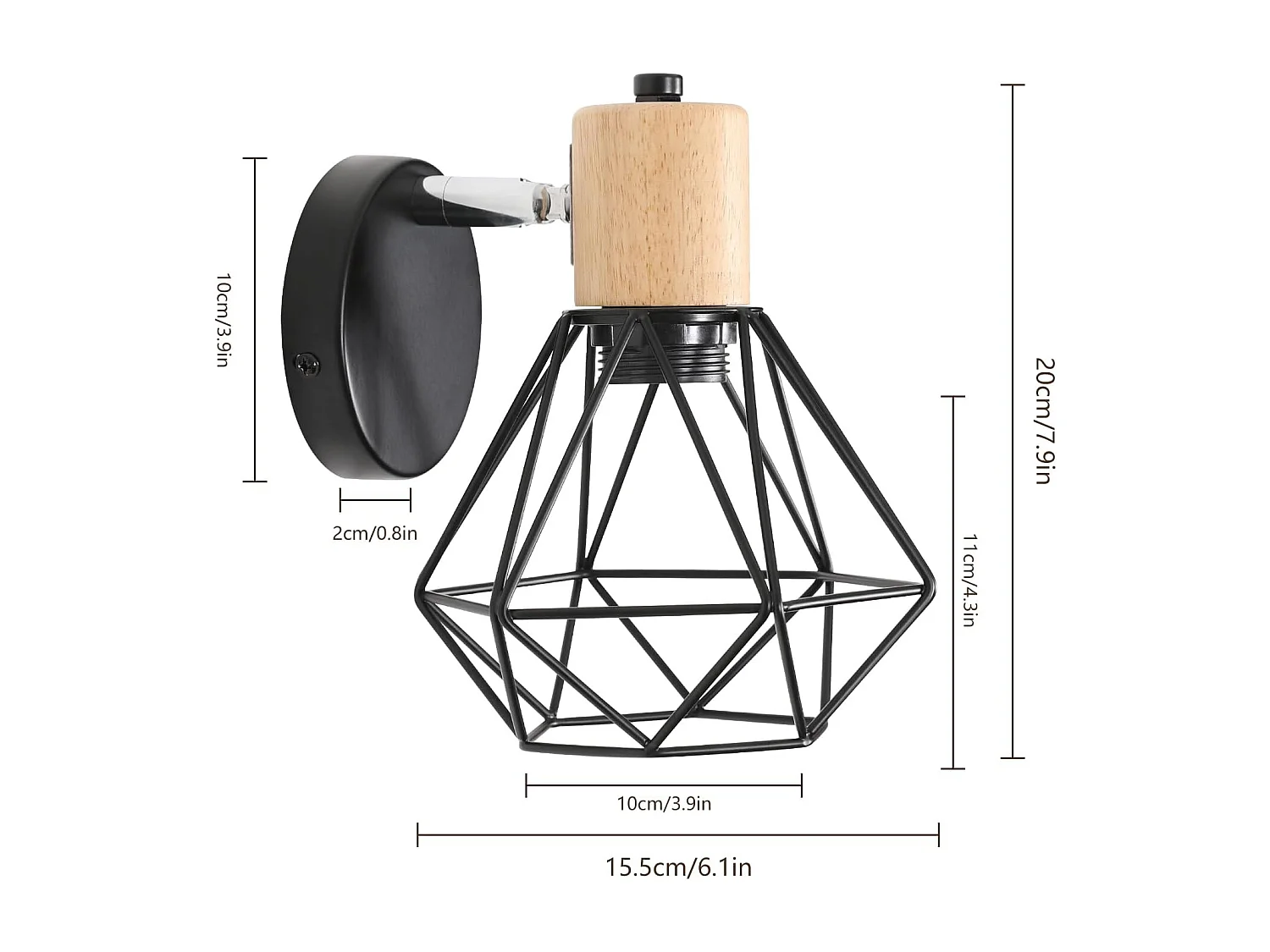 Applique Murale Industrielle Vintage, Lampe Murale Réglable en Bois, Lampe Cage E27 en Métal et Fer pour Chambre à Coucher, Couloir Salle de Séjour [