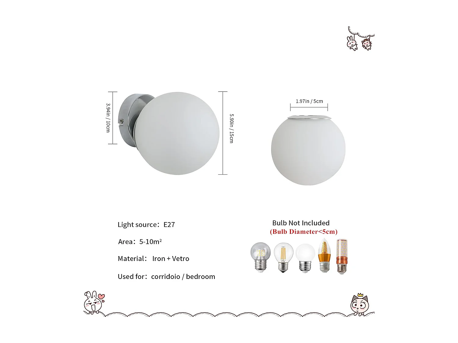 Applique Murale Intérieure, Lampe Murale Moderne, E27 Luminaire Mural Boule de Verre 15cm pour Chambre, Salon, Couloir Escalier, Balcon (sans ampoule