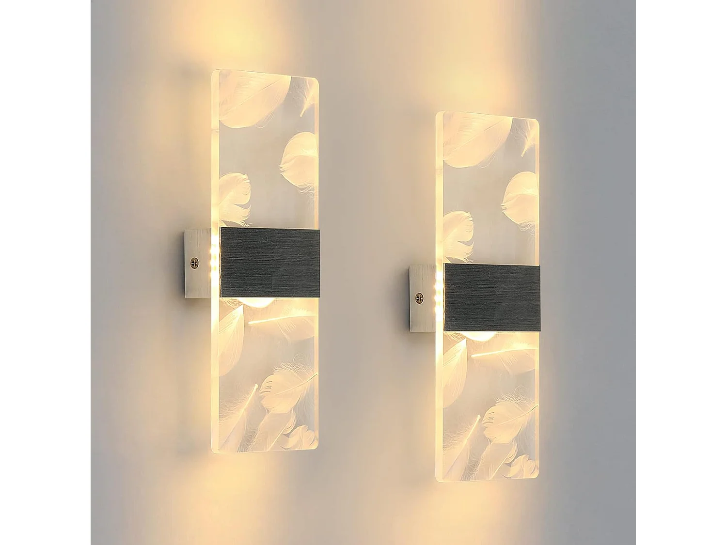 2 Pcs appliques murales LED 12 W au design moderne, en acrylique blanc chaud 3000 K, pour chambre, salon, couloir, escalier, argent