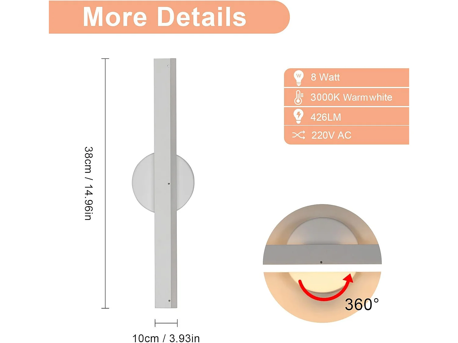 Applique Murale Intérieure，Applique Murale Longue Blanche LED，Lampe Murale 3000K Blanc Froid pour Chambre Salon Salle à Manger Couloir Escalier 426LM, 8W, 38CM