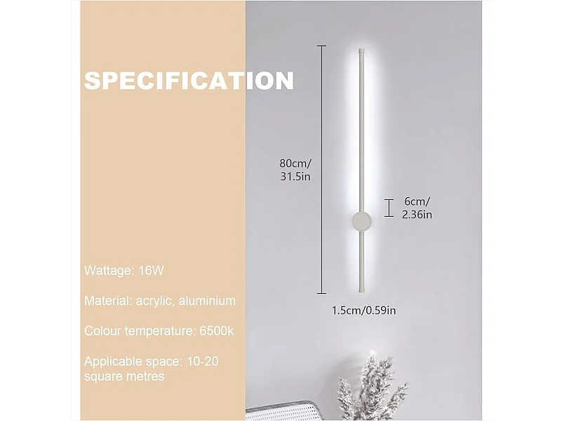Applique murale LED, Blanc, en aluminium en forme de barre, 80 cm, Lumière blanche, 16W, pour chambre salon couloir