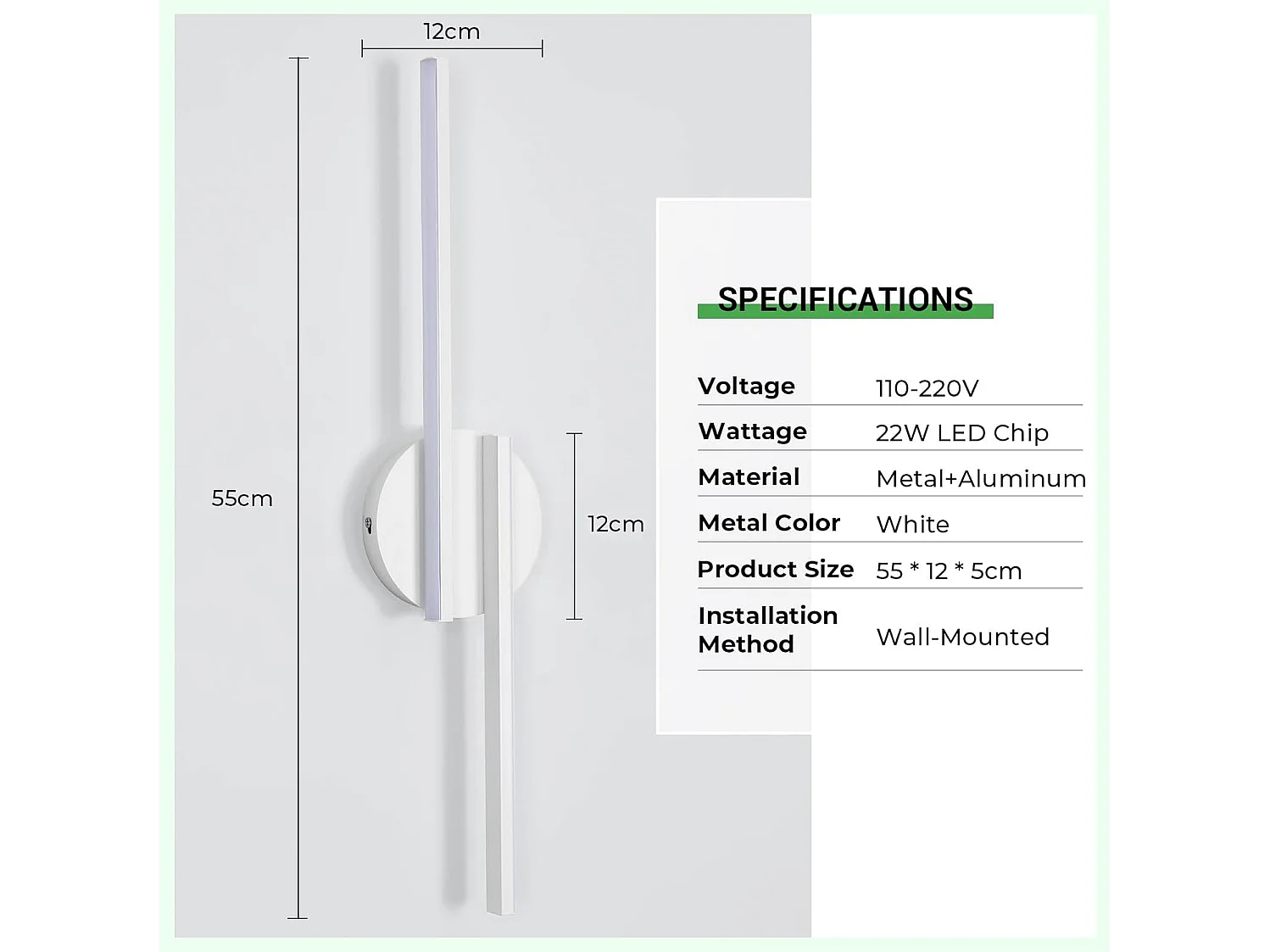 Applique Murale Intérieure LED Moderne 22W 2475LM, Lumière Blanche Froide 6500K, Parfait pour Salon, Couloir et Chambre à Coucher, Taille 55cm Blanc