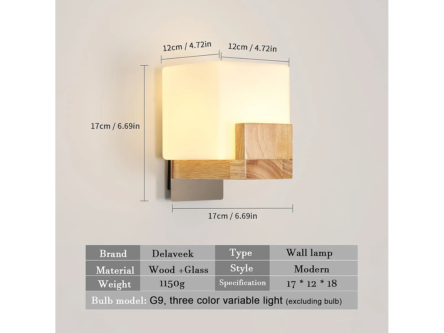 Applique Murale Simple, 17*12*18, Abat-jour en Verre avec Source Lumineuse G9 Tricolore,pour Chambre, Couloir