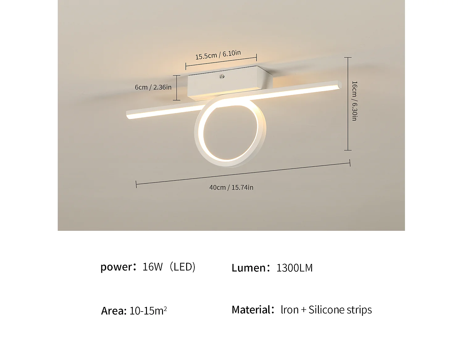 Plafonnier LED Moderne 16W - 3000K 1800 Lumen, Design Ligne Simple 40cm pour Chambre, Cuisine, Balcon