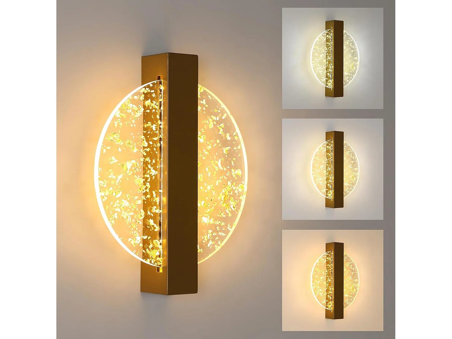 Applique Murale LED Moderne avec Feuille d'Or, Or Rond,en Acrylique, Lampe Tricolore, pour Chambre Salon