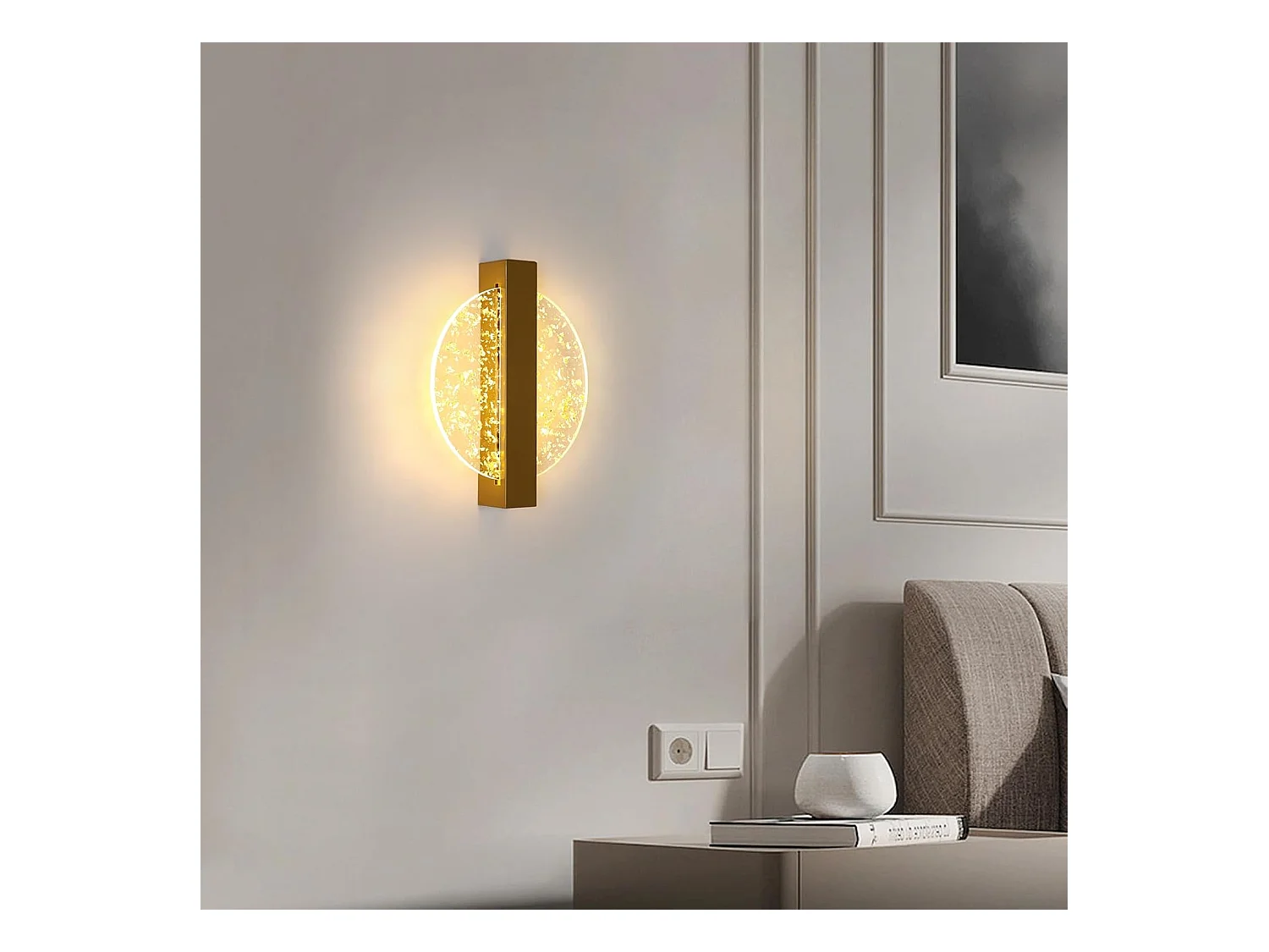 Applique Murale LED Moderne avec Feuille d'Or, Or Rond,en Acrylique, Lampe Tricolore, pour Chambre Salon