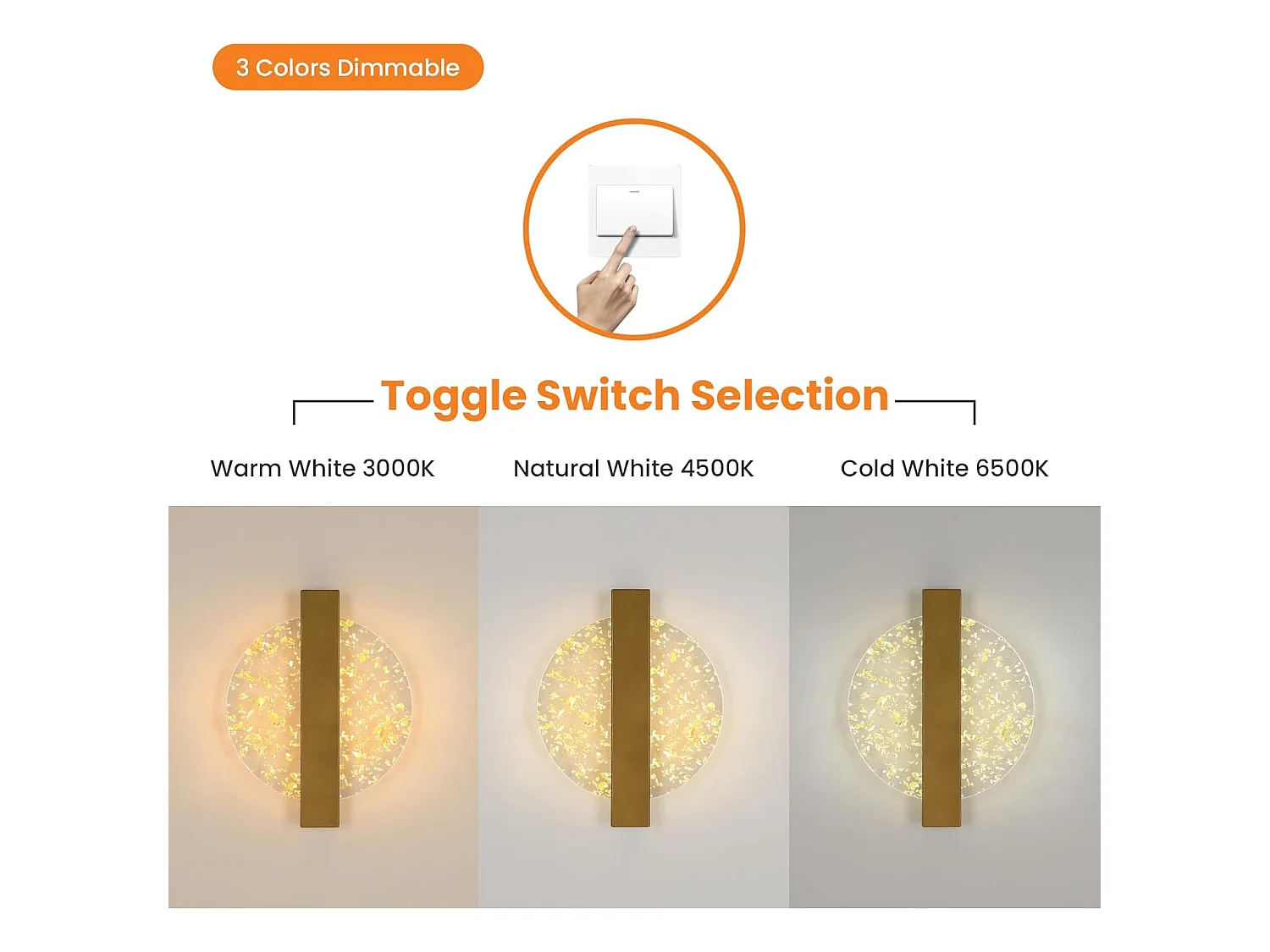 Applique Murale LED Moderne avec Feuille d'Or, Or Rond,en Acrylique, Lampe Tricolore, pour Chambre Salon